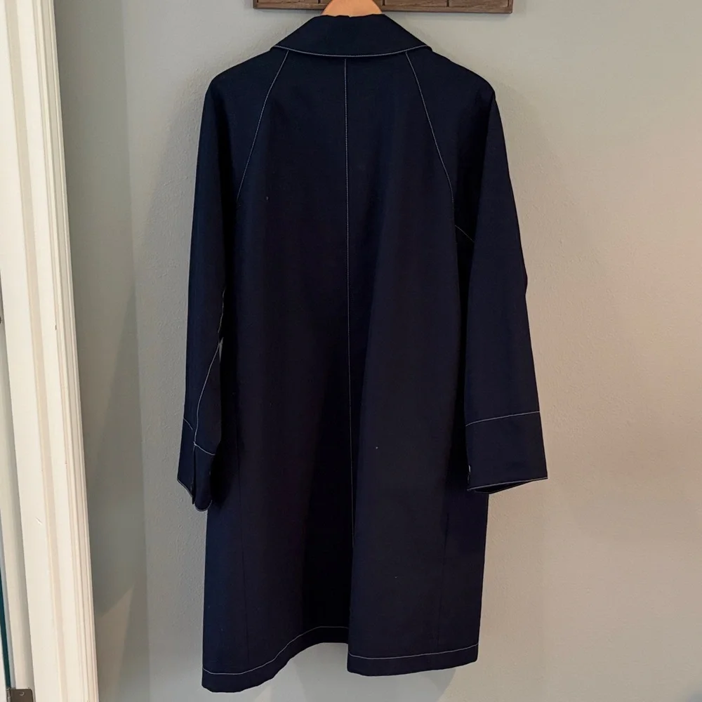 J Crew 100% Cotton  Navy Blue Trench Coat w/ contrasting white stitching size XL - Picture 6 of 7